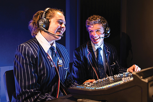 St Andrew's College students involved in Media and Television Production backstage at Ngā Toi Performing Arts Centre.