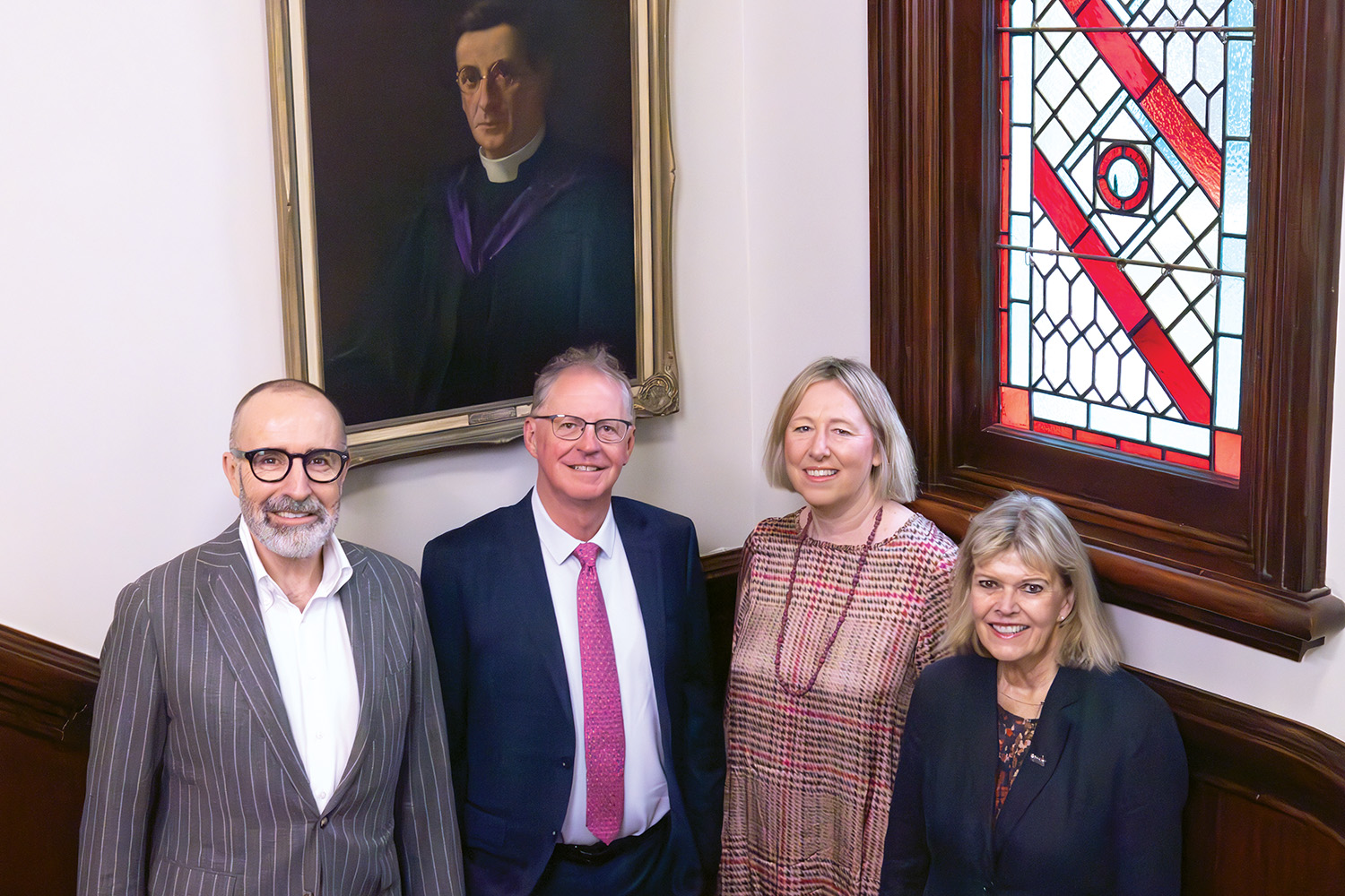 Board Chairs, Bryan Pearson, Garry Moore and Felicity Odlin with Rector Christine Leighton, standing below the portrait of St Andrew's College Founder.