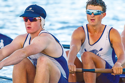 St Andrew's College students Charlie Butterfield and Jack Pitts rowing.