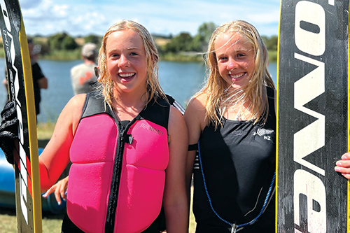 St Andrew's College students Genevieve and Katrina Wallis with their wakeboards.