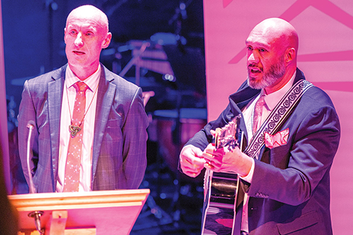 St Andrew's College Chaplain, Paul Morrow, and Teacher in Charge of Te Reo Maori, Wiremu Pickering, at Ngā Toi Performing Arts Centre opening.