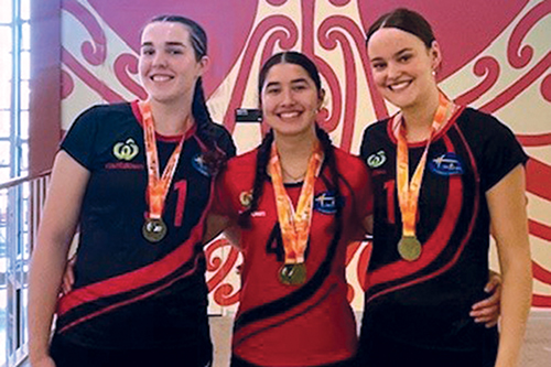 St Andrew's College students Catherine Cook, Mia Montgomery and Molly-Belle Morrow after winning the U19 national title at the Interprovincial Volleyball Championships.