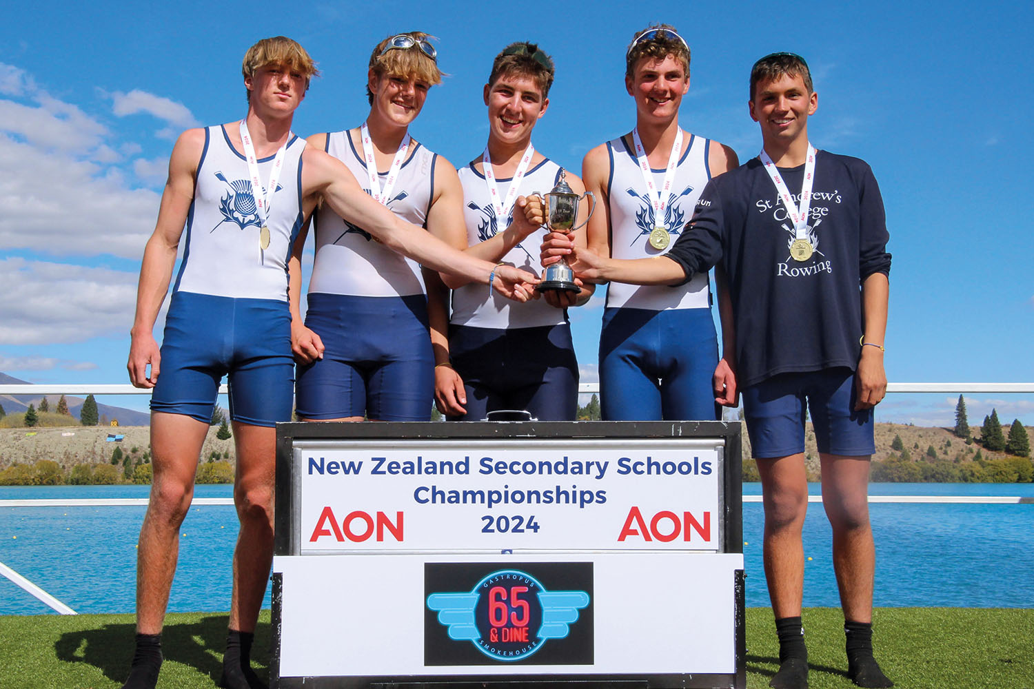 St Andrew's College U16 Boys' coxed four after winning their gold medal at the 2024 Maadi Cup.