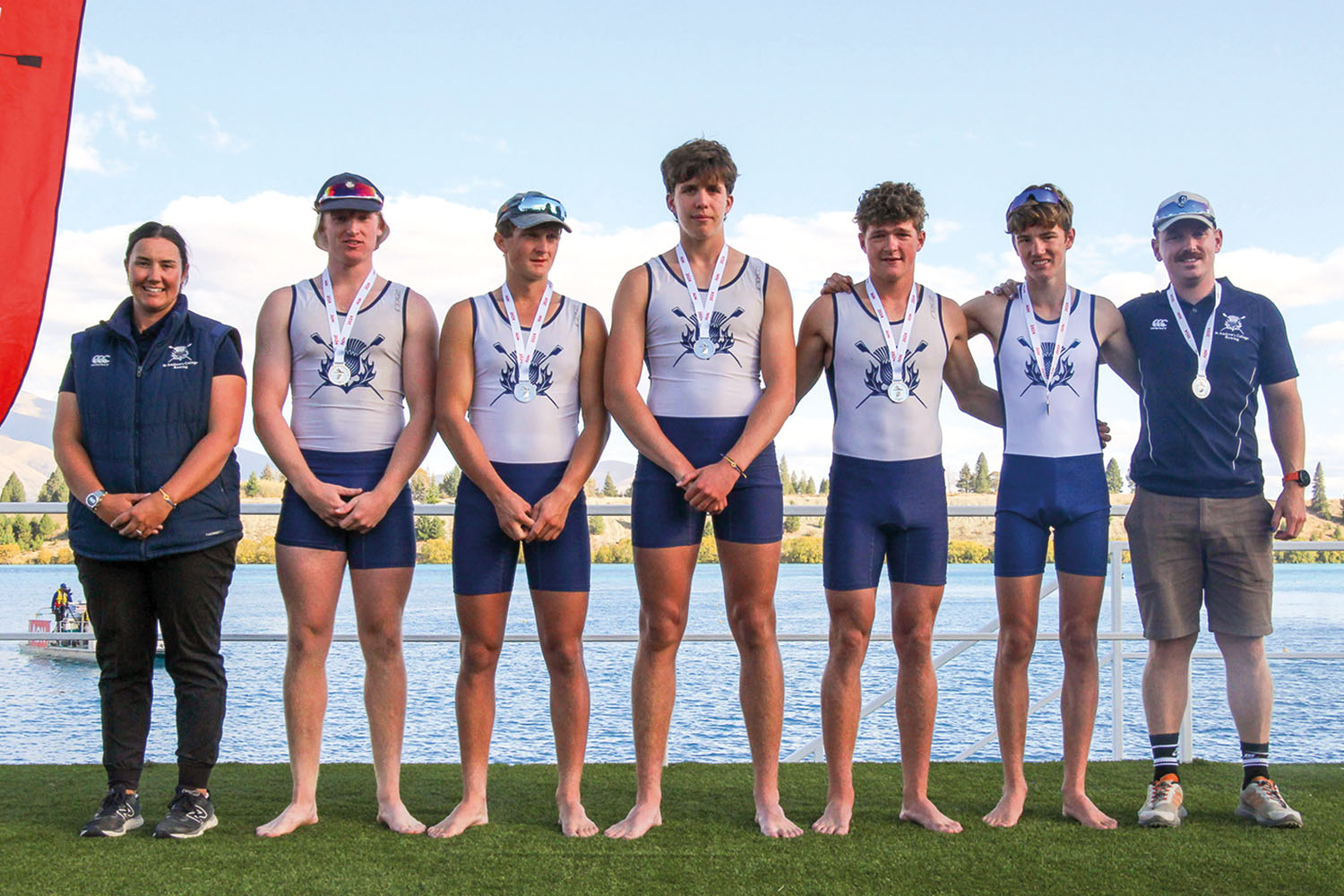 St Andrew's College U18 Boys' coxed four with their silver medals at the 2024 Maadi Cup.