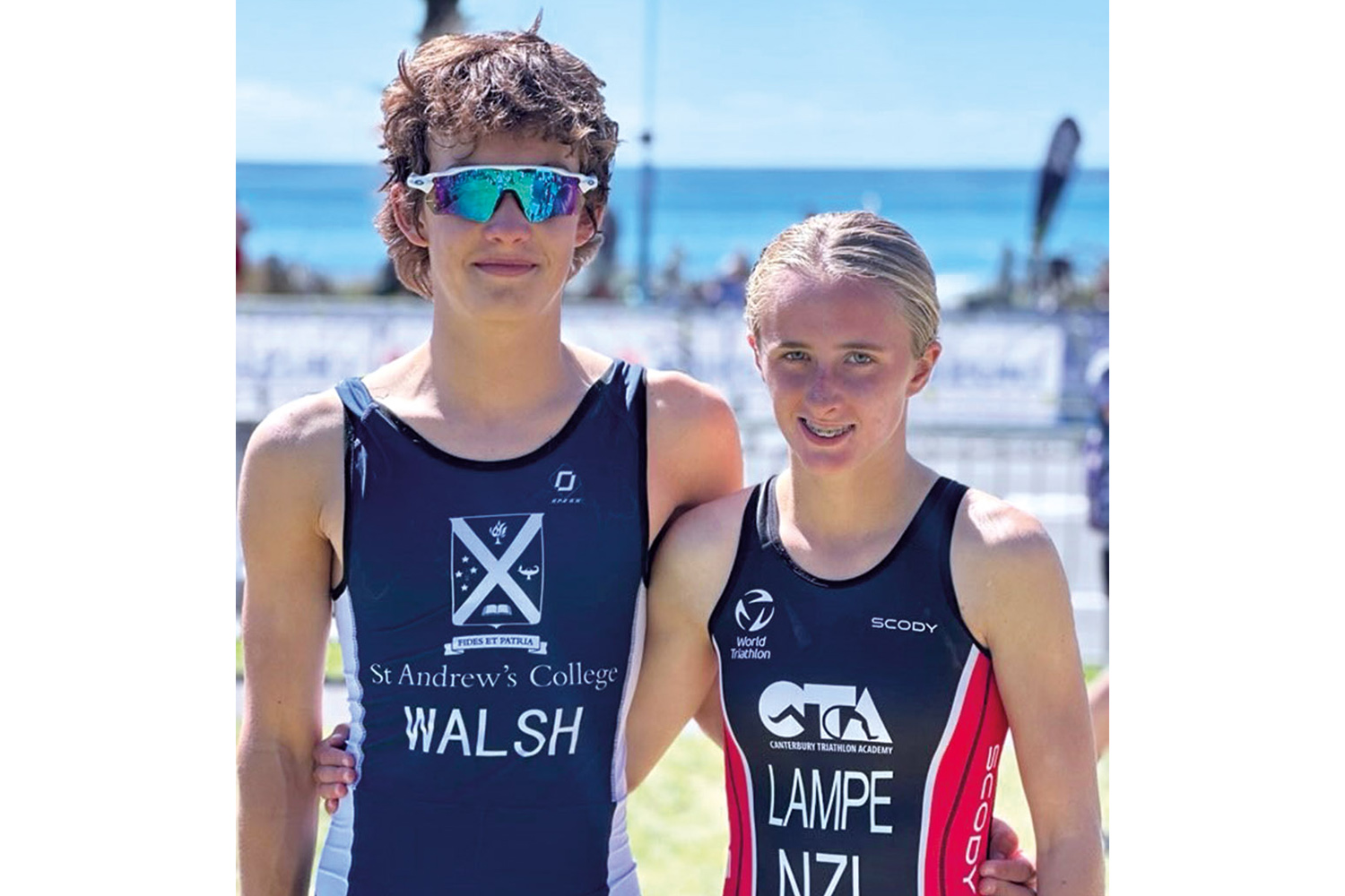 St Andrew's College students Cohnor Walsh and Sophie Lampe at the New Zealand Secondary Schools' Triathlon Championships.