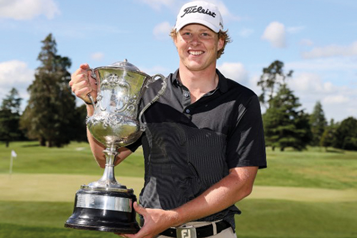 Sebastian May (Year 13) with his trophy for winning the 2023 New Zealand Mens Amateur Championship.