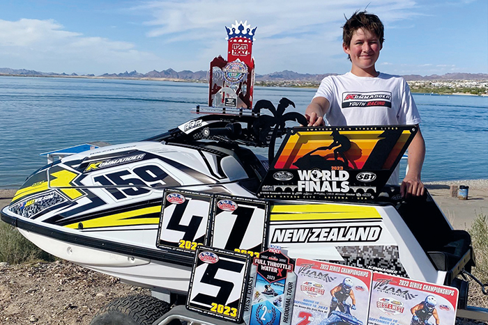 Jake Wilson (Year 10) with his award after winning the World Champion in the Amateur Ski 4 Stroke event at the Jet Ski World Finals.