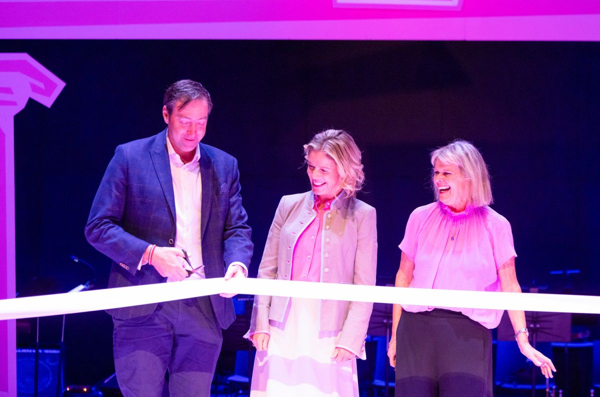 Ben and Pen Gough and St Andrew's College Rector Christine Leighton at ribbon cutting ceremony of Ngā Toi Performing Arts Centre and Gough Family Theatre.