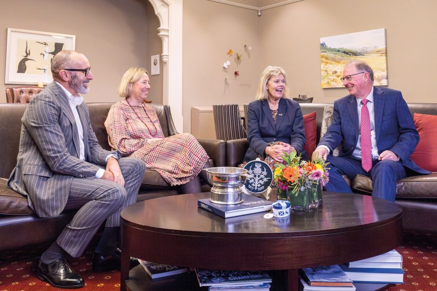 Board Chairs, Bryan Pearson, Felicity Odlin and Garry Moore sitting with Rector Christine Leighton in her office.