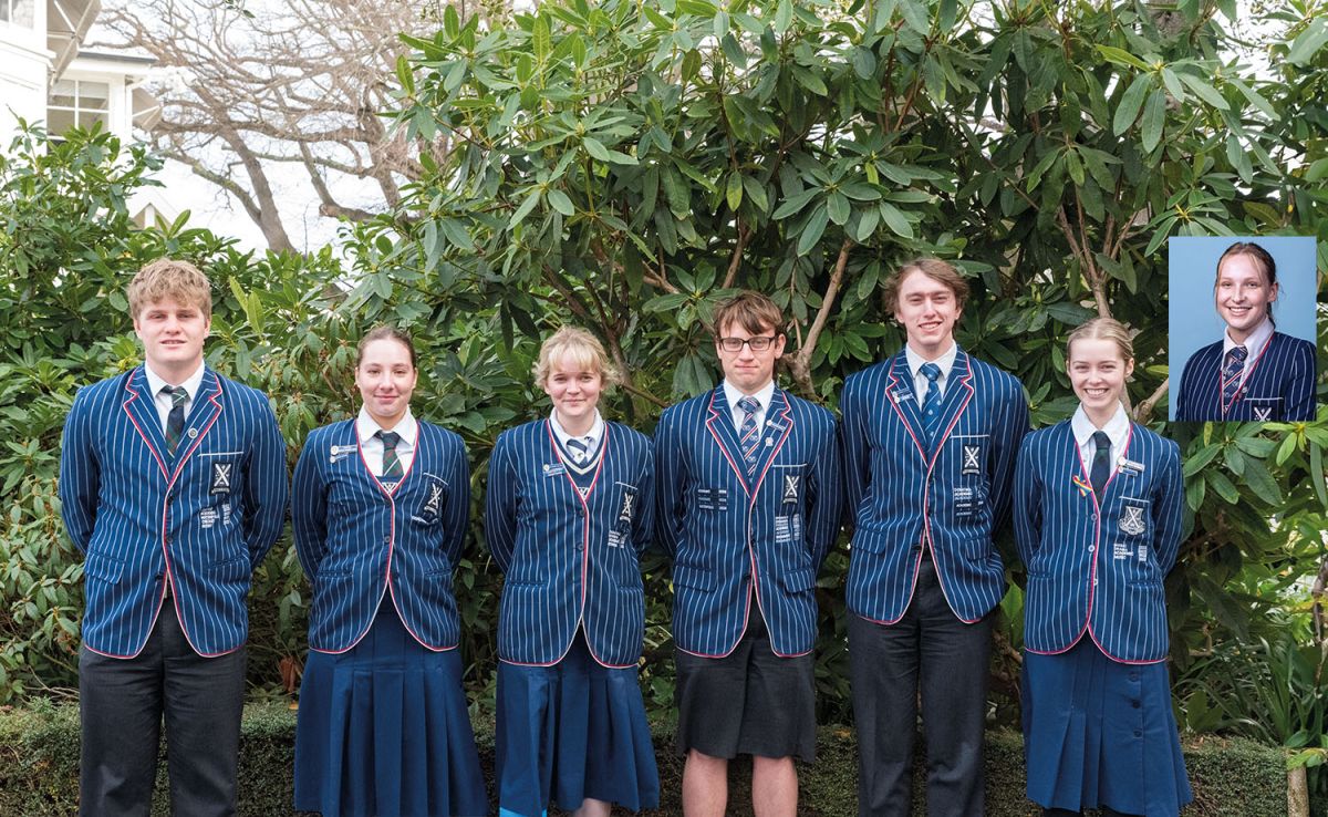 St Andrew's College 2024 Student Captains Tim Richardson, Grace Vincent-Parr, Isobel Forsey, Joe Mundy, James Hart, Jenna Howell and Xanthe Pearce (inset).