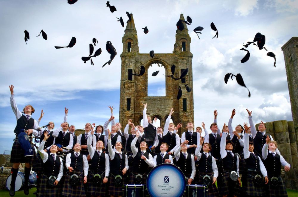 St Andrew's College Pipe Band in Scotland celebrating placing third in the world in 2023.
