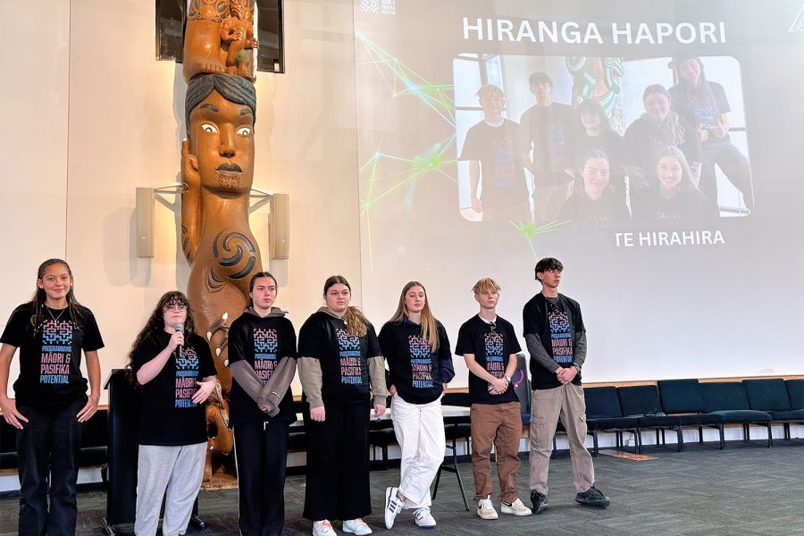 Seven St Andrew's College students from the Programming Māori and Pasifika Potential (PMP) Haumi team competing at the regional finals at Ara.