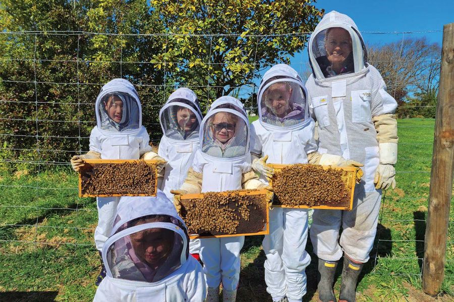 St Andrew's College Junnior Department students dressed in full PPE with bees and hives in a hive enclosure.