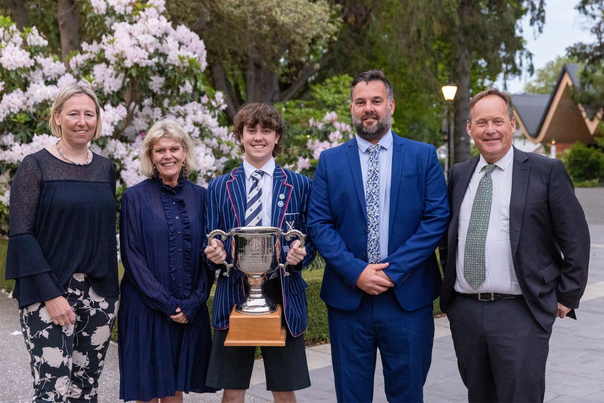Matt Parr with the Rector, Board Chair, Head of Secondary School and the boarding house champion.