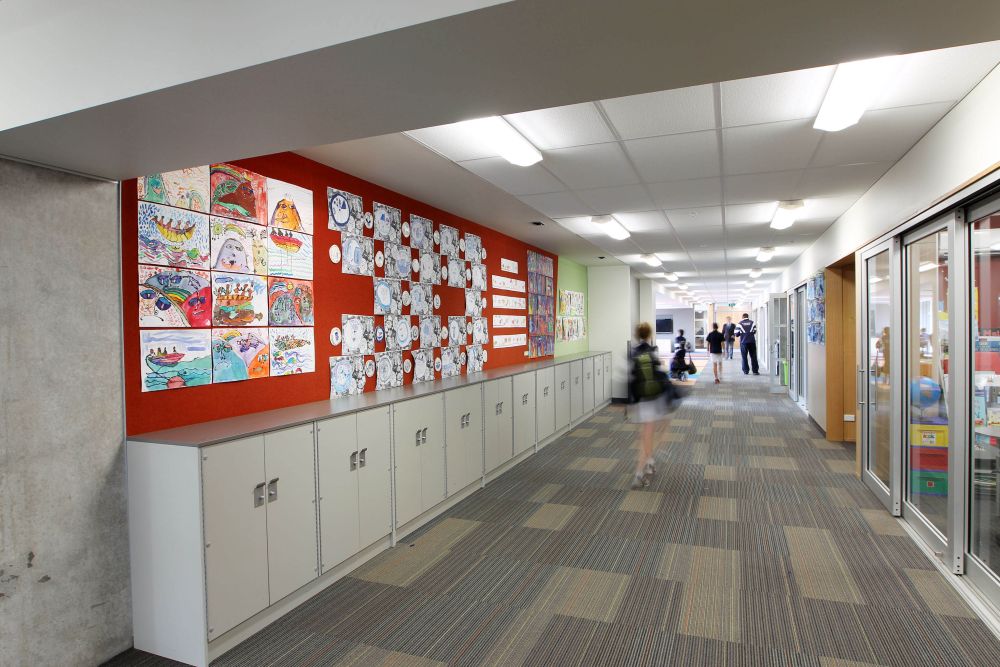 Preparatory School corridor with artwork on walls
