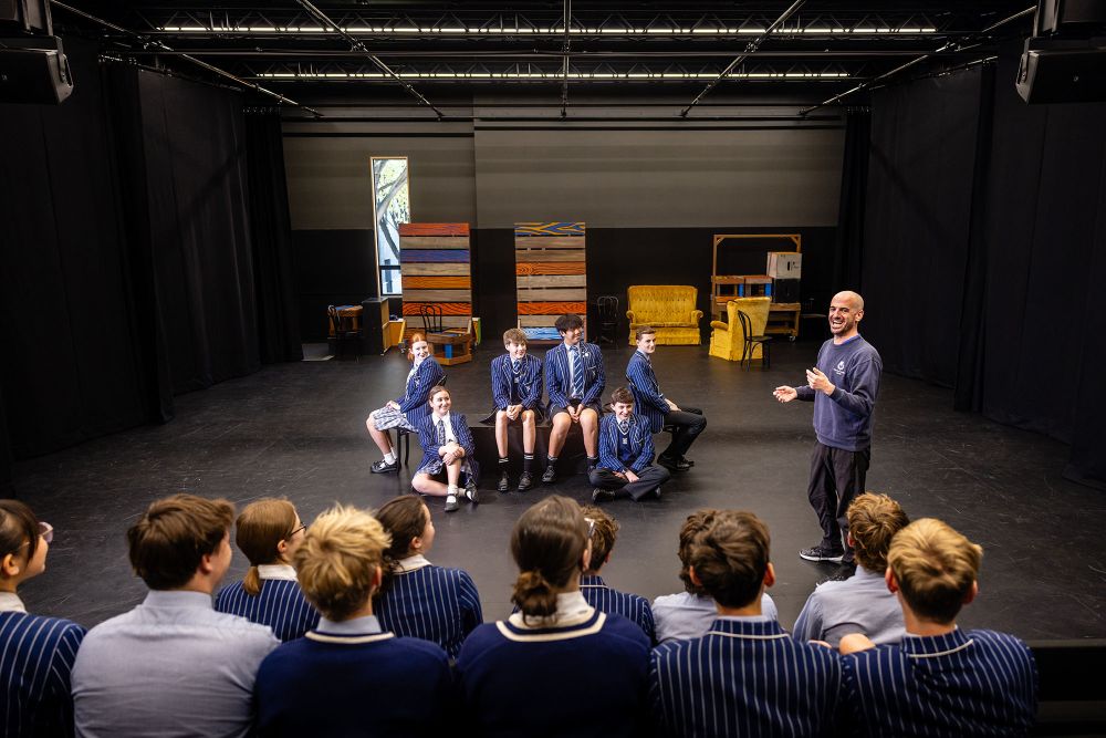 St Andrew's College students and teacher at the Blair Gough Drama Studio - Ngā Toi Performing Arts Centre