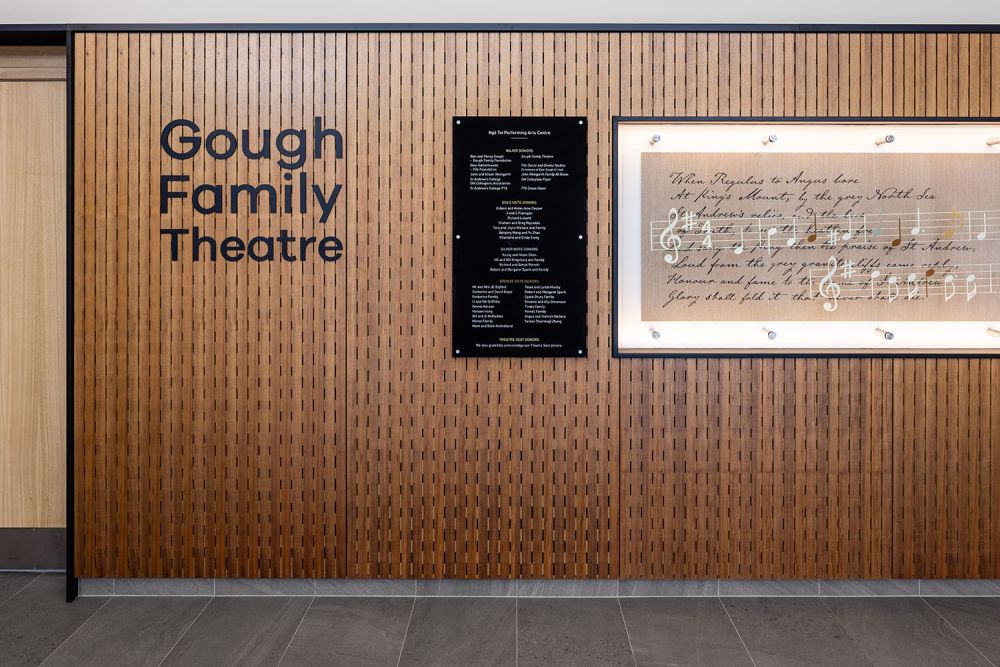 Donor board at the Gough Family Theatre