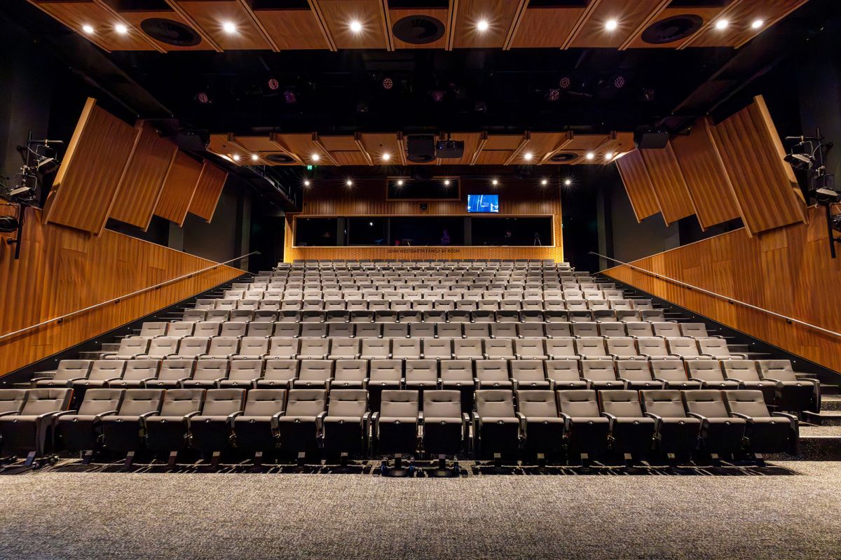 Interior of Gough Family Theatre facing the seats and AV room