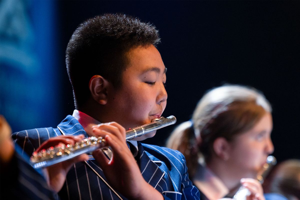 Close up of a Preparatory flute player at Prizegiving