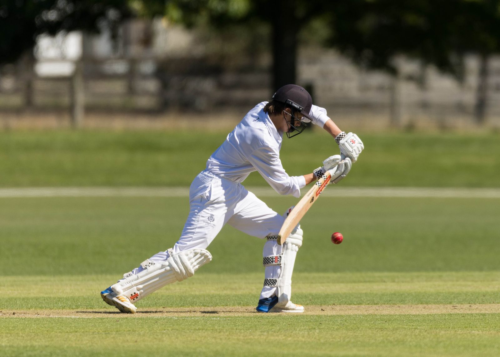 St Andrew's College student playing cricket in white with bat and ball