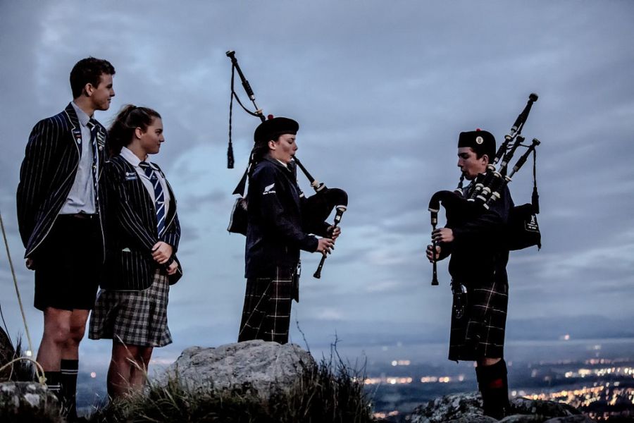 Bag pipers at sunrise for Te Waka ceremony