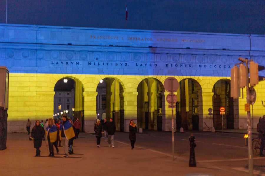 Vienna landmark lit up in Ukrainian colours in support