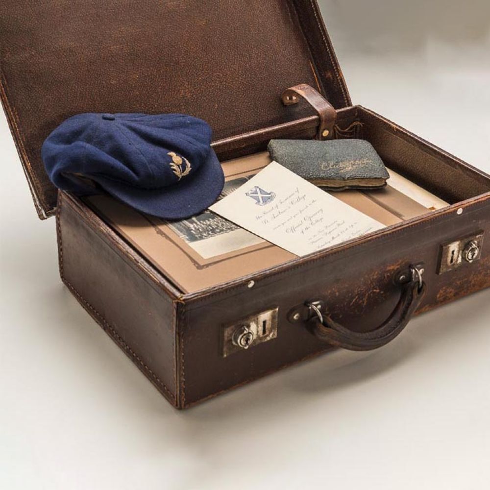 Old suitcase with memorabilia from the 1900s at St Andrew's College