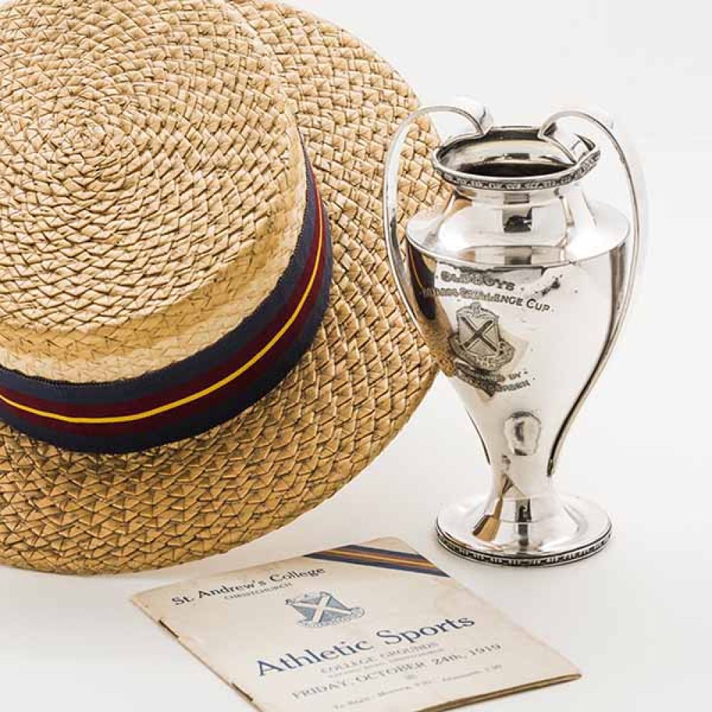 St Andrew's College straw hat, silver cup and Athletic Sports Programme from the early 1900s