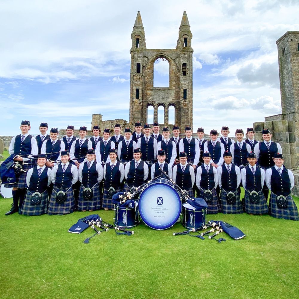 The St Andrew's College Pipe Band performing in St Andrews, Scotland.